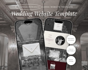 May include: Two smartphones displaying a wedding website template. The template features a vintage design with the text "Wedding Website Template" and "Vintage Romance". The website includes an RSVP form and is fully editable.