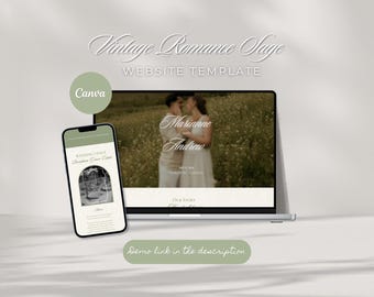 May include: A laptop and smartphone display a wedding website template. The laptop screen shows a couple in a field, with the names "Marianne and Andrew." The phone displays a wedding venue page. The text "Vintage Romance Sage" is at the top.