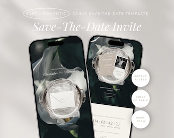 May include: Two smartphones displaying a digital save-the-date template. The screens show text including "Save-The-Date Invite," "Christopher & Hannah," and a countdown timer. The design features a silver tray, a white envelope, and floral imagery.