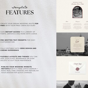 May include: A wedding invitation template design with the word "FEATURES" at the top. The design includes text such as "Create your dream wedding invite for free" and "Fully editable with zero design and coding experience". The design also includes a wedding venue image.