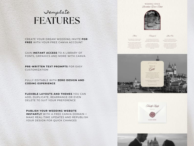 May include: A wedding invitation template design with the word "FEATURES" at the top. The design includes text such as "Create your dream wedding invite for free" and "Fully editable with zero design and coding experience". The design also includes a wedding venue image.