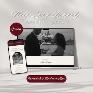 May include: A website template titled "Vintage Luxury Burgundy" displayed on a laptop and smartphone. The smartphone shows a wedding venue. The laptop screen displays a black and white photo of a couple. Text includes "Veronica & Jordan" and "Our Story".