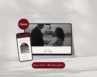 May include: A website template titled "Vintage Luxury Burgundy" displayed on a laptop and smartphone. The smartphone shows a wedding venue. The laptop screen displays a black and white photo of a couple. Text includes "Veronica & Jordan" and "Our Story".