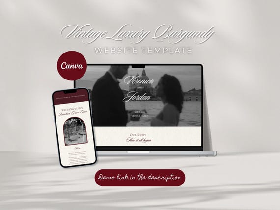 Editable Wedding Website Template with RSVP | Instant Download Canva Template | Vintage Luxury Burgundy Design