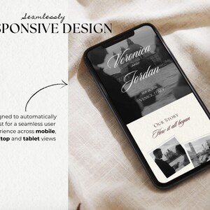 May include: A smartphone displays a wedding website design with the names "Veronica and Jordan" and the location "Venice, Italy." The screen also shows the text "Our Story" and "How it all began." The design is described as "Responsive Design" and adjusts for mobile, desktop, and tablet views.