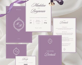 May include: A collection of lavender wedding stationery, including invitations, RSVP cards, and detail cards. The invitations feature the names "Madeline" and "Benjamin" in elegant script. A purple ribbon and a wax seal are also present.
