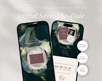 May include: Two smartphones displaying a digital save-the-date template. The screens show a dark green background with white calla lilies, a silver tray, a maroon envelope, and text including "Christopher & Hannah" and a countdown timer.