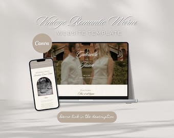 May include: A laptop and smartphone display a wedding website template. The laptop screen shows a couple with the names "Gabriella and Jason." The smartphone displays a wedding venue design. The text "Vintage Romantic Warm" is at the top.
