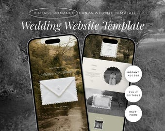 May include: Two smartphones displaying a wedding website template. The screens show a wedding invitation and a photo of a couple. Text includes "Vintage Romance," "Wedding Website Template," and "Matthew & Alannah." Features include instant access, fully editable, and RSVP form.