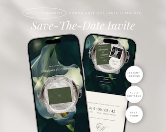 May include: Two smartphones displaying a digital save-the-date template with dark green backgrounds, white text, and floral imagery. The screens show wedding invitation details, a countdown timer, and circular buttons labeled Instant Access, Fully Editable, and RSVP Form.