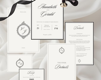 May include: Elegant wedding invitation suite with various cards, including RSVP, details, and invitation cards. The design features a classic black and white color scheme with decorative borders and ornate fonts. Includes a wax seal.