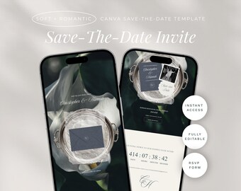 May include: Two smartphones displaying a digital save-the-date template. The screens show a dark blue envelope on a silver tray, wedding details for Christopher and Hannah, a countdown timer, and text including "SOFT + ROMANTIC" and "Save-The-Date Invite."