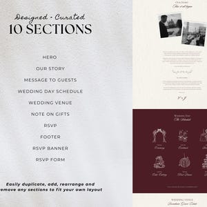 May include: A wedding invitation template with a cream background and burgundy accents. The design includes sections for the hero, story, schedule, venue, and RSVP. The text reads "Designed + Curated" and "10 Sections".