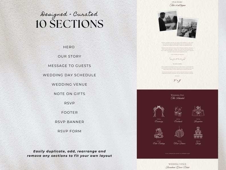 May include: A wedding invitation template with a cream background and burgundy accents. The design includes sections for the hero, story, schedule, venue, and RSVP. The text reads "Designed + Curated" and "10 Sections".