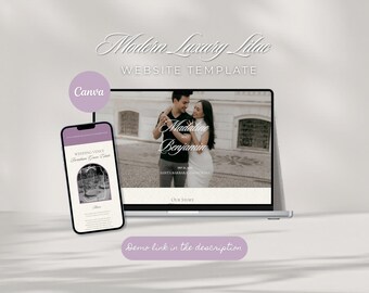May include: A laptop and smartphone display a website template with a lilac color scheme. The laptop screen shows a couple's photo with the names "Madaline Benjamin". The smartphone displays a wedding venue page. Text includes "Modern Luxury Lilac" and "Website Template".