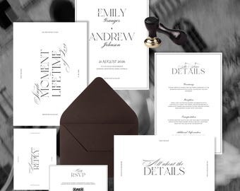 May include: A collection of elegant wedding stationery in black and white. The set includes invitation cards, RSVP cards, and detail cards, along with a dark brown envelope and a stamp. The invitations feature the names "Emily Granger" and "Andrew Johnson".