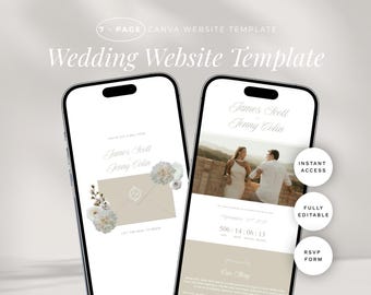 May include: Two smartphones displaying a wedding website template. The template features the names "James Scott" and "Jenny Colin", with floral accents and an envelope graphic. Additional text includes "Instant Access", "Fully Editable", and "RSVP Form".