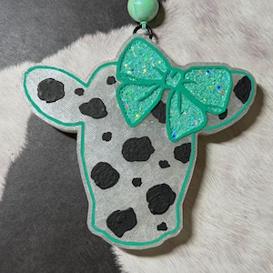Hand-Painted cow print cow head freshie, Car Air Freshener, Glitter Bow Detail