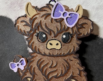 Hand-Painted Highland Cow Freshie, Glitter Bow Car Air Freshener
