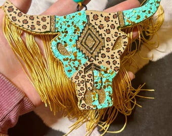 Hand-Painted Bull Skull Air Freshener – Western Car Decor — Fringe Detail