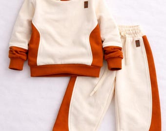 Creamy & Terracotta, Tracksuit | French Terry Toddler Outfit, Baby Girl Clothes,