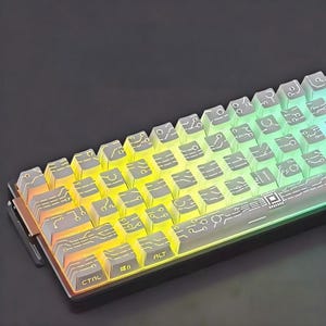 May include: A compact mechanical keyboard featuring white keycaps with a dark gray circuit board pattern. The keys are illuminated with a gradient backlight transitioning from yellow on the left to green on the right. The layout includes standard keys like CTRL, ALT, and a Windows icon.