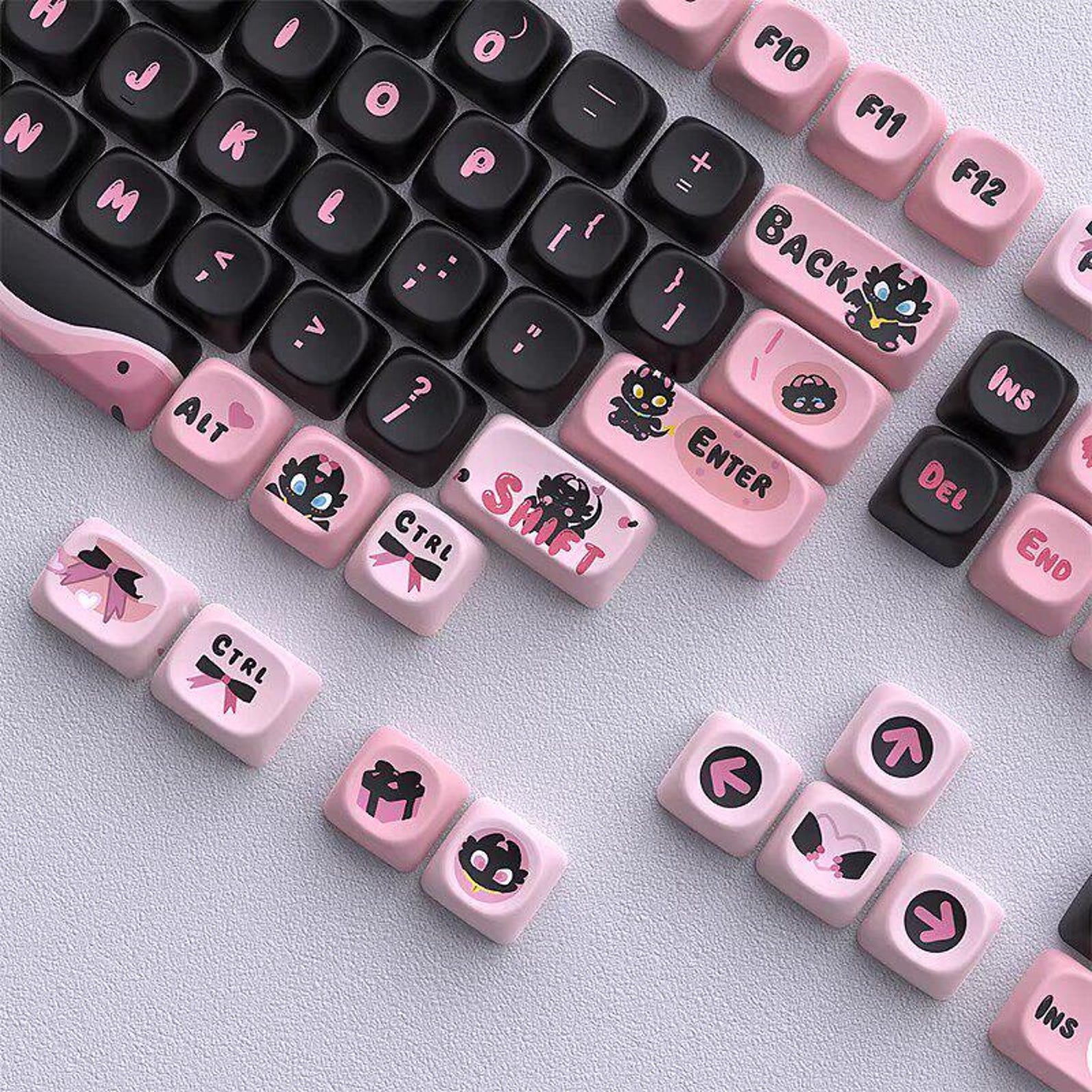 Goth Key Cap Set Black Pink Kawaii Keycaps – Cute Gothic Cat Devil Mechanical Keyboard ...