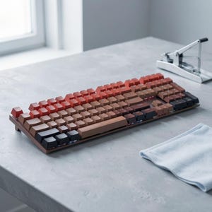 Puede incluir: Un teclado mecánico con un diseño de teclas degradado, que va del rojo al marrón y al negro. El teclado está sobre una superficie gris, con un paño de limpieza y un pedal visibles en el fondo. El teclado tiene un marco de madera.