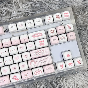 Strawberry Cat Pink Keycaps Set – Cute MOA Profile Mechanical Keyboard Keycaps, Kawaii Pastel Custom Keycap Set for Gaming Desk Setup