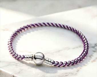 Bracciale Pandora intrecciato viola / Bracciale in argento sterling / Bracciale a catena a maglia fine con cordino viola / Regalo gioiello