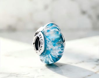 Pandora Ocean Murano Glass Charm | Blue Swirls, Silver Core, Bracelet Pendant | Pedant Necklace