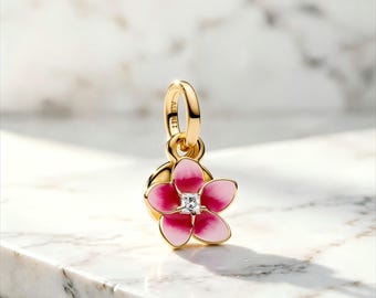 Pink Magnolia Charm | Sterling Silver Enamel Flower Pendant for Bracelets and Necklace