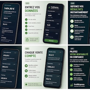 May include: A series of six smartphone screens showcasing the ProfitExpress app. The app displays financial data, including profit margins, sales figures, and cost analysis, with a dark green and white color scheme. The app is designed for entrepreneurs.