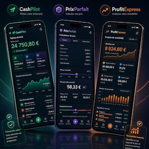 Peut inclure: Image de trois smartphones affichant des interfaces de logiciels financiers. Les applications, CashPilot, PrixParfait et ProfitExpress, proposent des outils pour gérer les finances, calculer les prix et analyser la rentabilité.