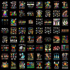 May include: A collection of graphic designs on a black background featuring various animals, objects, and patterns with the recurring text It's OK to be Different, often incorporating colorful puzzle piece motifs associated with autism awareness.