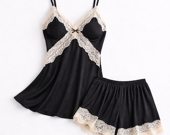 Conjunto de pijama de camisola y shorts con ribete de encaje – Ropa de dormir de satén