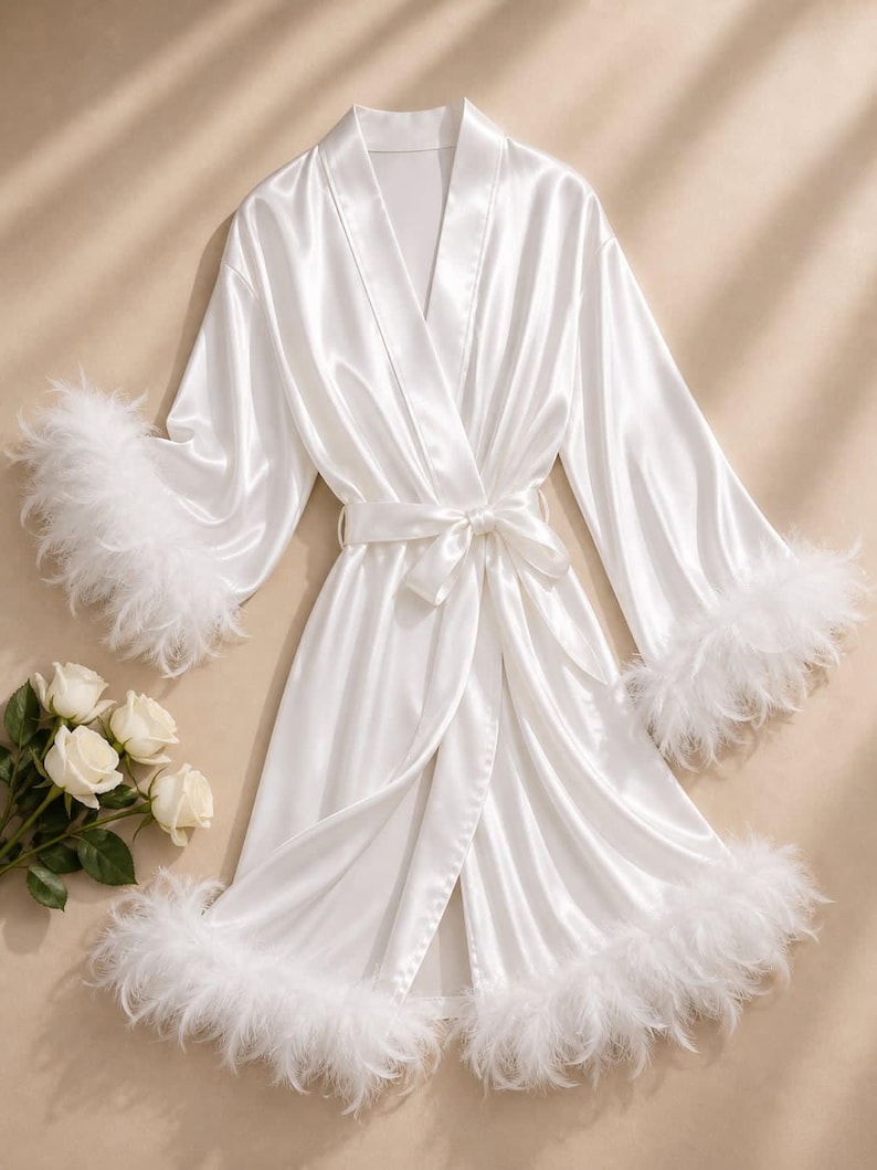 Lower Robe Feather Trim Satin Robe: Elegant Floor-length Sleepwear, Bridal ...