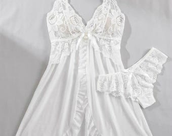 Women's Lace Trimmed Nightgown and Panty Set – V-Neck Sleepwear Kit