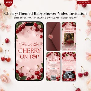 Pode incluir: Um convite em vídeo para chá de bebê com tema de cereja. O design apresenta um smartphone exibindo "She is the CHERRY ON TOP" com cerejas. Cartões adicionais incluem detalhes, uma foto e uma mensagem de agradecimento. Há também um envelope bordô com um selo.