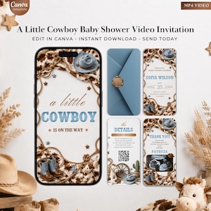 May include: A digital baby shower invitation with a cowboy theme. The design includes a smartphone screen with the text "A Little Cowboy Is On The Way", a blue envelope, and additional cards with event details and thank you messages.