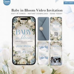 May include: A digital baby shower invitation with a floral design. The main invitation on a phone screen reads "Baby in Bloom" and includes details for Sofia Wilson's baby shower. Additional cards include details, diaper raffle, and thank you notes.