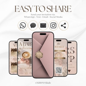 May include: A digital invitation design displayed on five smartphones. The design features a pink envelope with a gold seal, and text that reads "EASY TO SHARE." The invitation includes details for a baby shower.