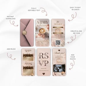 May include: A set of baby shower invitations and related cards in a soft pink and gold color scheme. The design includes an envelope, invitation, details card, RSVP card, thank you card, and a card for books for baby.