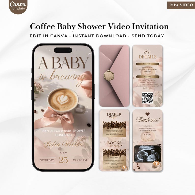 May include: A digital baby shower invitation with a coffee theme. The main image shows a phone screen with a coffee cup and the text "A Baby is Brewing." Additional cards include details, diaper raffle, books for baby, and thank you notes.