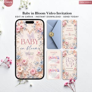 May include: A digital baby shower invitation design featuring a smartphone, envelope, and cards. The smartphone displays "Baby in Bloom" with floral accents. The invitation includes details for a baby shower celebration.