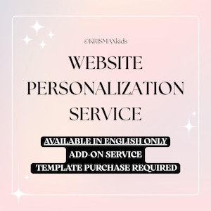 Op de afbeelding: Digitale afbeelding met een zachte roze en witte gradiënt achtergrond. De tekst luidt "WEBSITE PERSONALISATIE SERVICE" met extra tekst die aangeeft dat het een add-onservice is, alleen beschikbaar in het Engels en een sjabloonaankoop vereist.