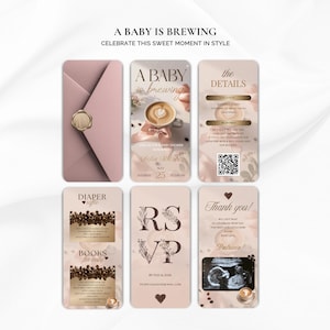 May include: A collection of baby shower invitations and stationery in soft pink and beige tones. The design includes coffee-themed elements, floral accents, and the text "A Baby is Brewing". The invitations feature details, RSVP, and thank you cards.