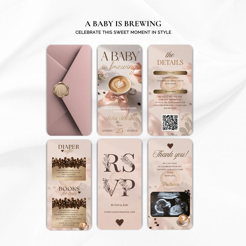 May include: A collection of baby shower invitations and stationery in soft pink and beige tones. The design includes coffee-themed elements, floral accents, and the text "A Baby is Brewing". The invitations feature details, RSVP, and thank you cards.