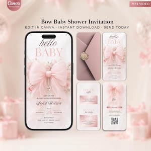 May include: A baby shower invitation design featuring a smartphone displaying a pink bow and the words "hello BABY". Additional cards include an envelope, a diaper raffle card, and a details card. The text reads "Bow Baby Shower Invitation".