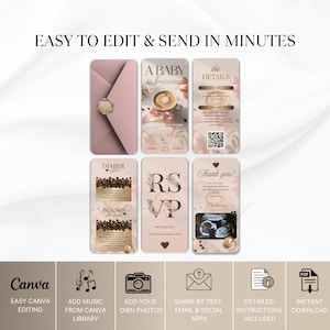 May include: A collection of digital baby shower invitation templates in shades of pink and gold. The designs include a sealed envelope, a coffee cup, and ultrasound images. Text includes "A Baby is Brewing" and "Thank You!"